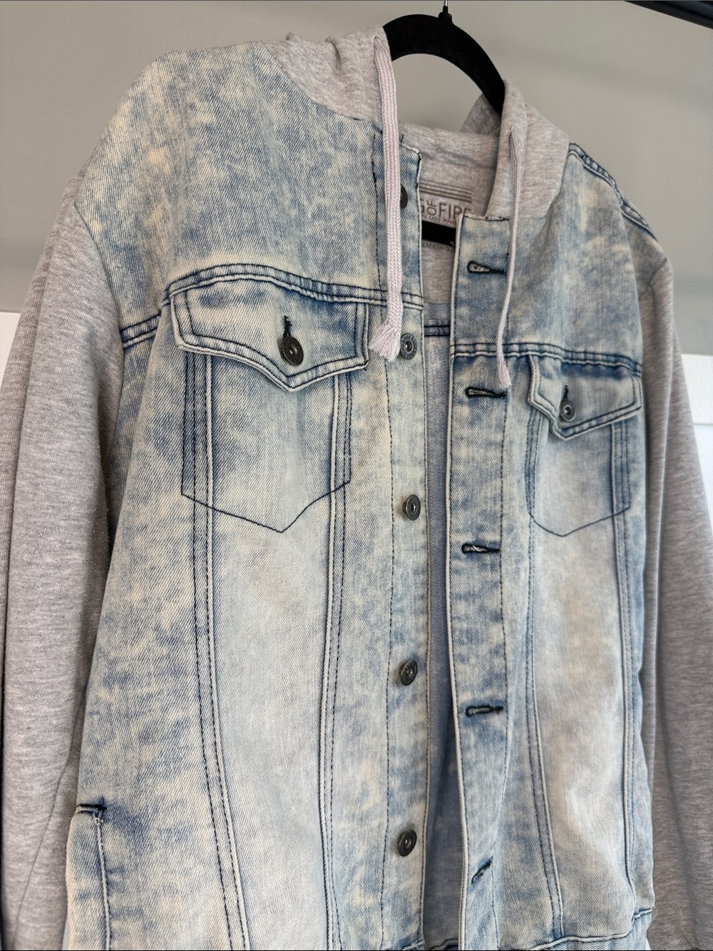 Ring of Fire Light Blue Acid-Wash Denim Bomber with Light Gray Sleeves